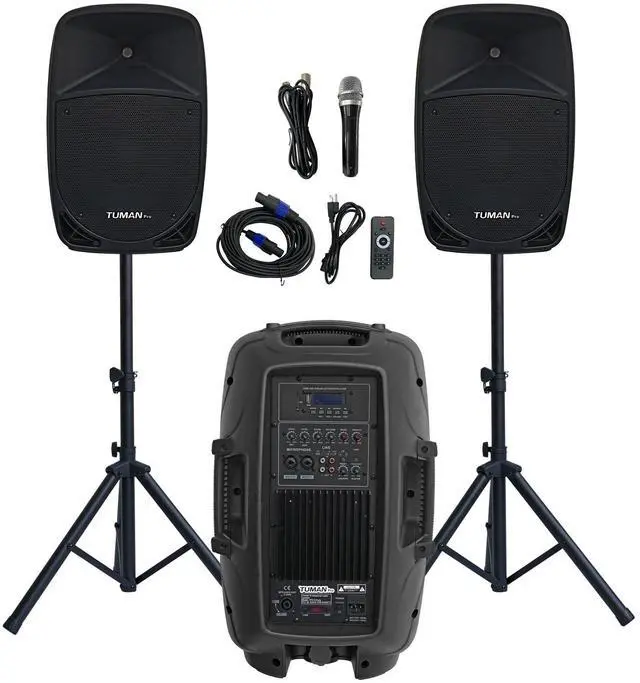 Main image of Dual 12 Inch 1000W High Powered PA Speaker System | Support bluetooth FM radio USB SD media playback includes two stands for outdoor karaoke events