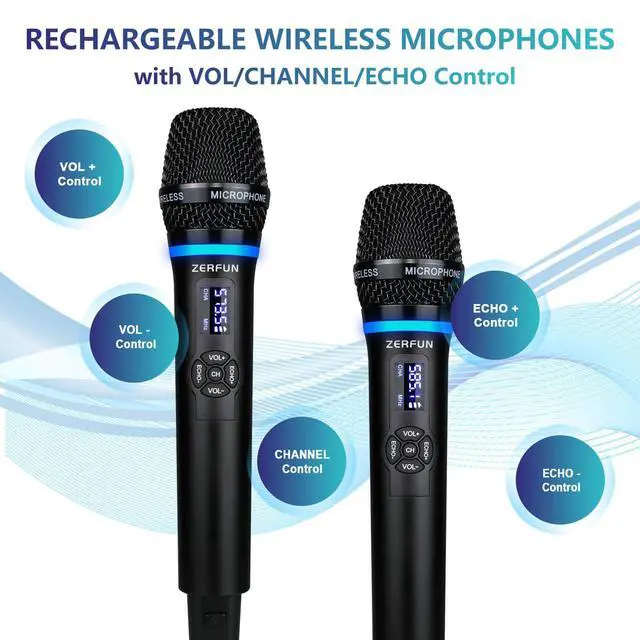 Alt view image 3 of 7 - Dual Wireless Microphones Rechargeable, UHF Metal Wireless Mic System Cordless Microphone Professional with Echo VOL Channel Control for Karaoke Singing Church Events