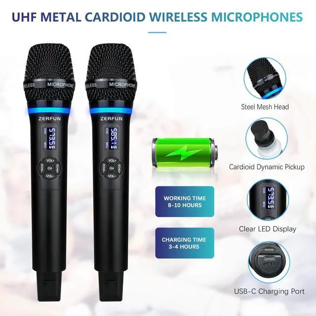 Alt view image 4 of 7 - Dual Wireless Microphones Rechargeable, UHF Metal Wireless Mic System Cordless Microphone Professional with Echo VOL Channel Control for Karaoke Singing Church Events