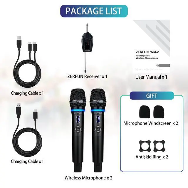 Alt view image 7 of 7 - Dual Wireless Microphones Rechargeable, UHF Metal Wireless Mic System Cordless Microphone Professional with Echo VOL Channel Control for Karaoke Singing Church Events