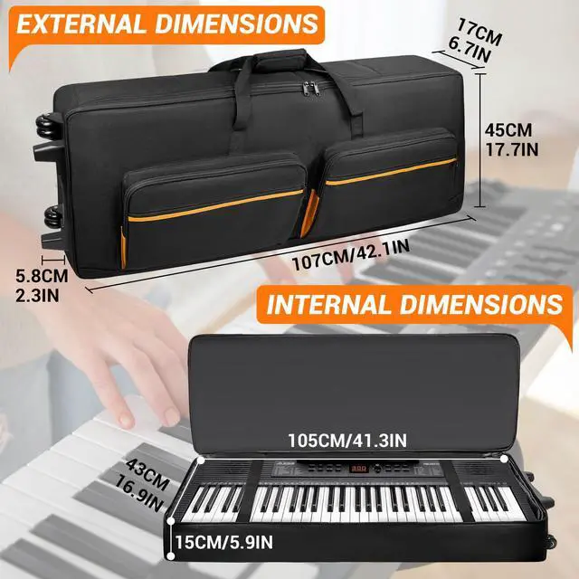 Alt view image 2 of 7 - 61-Key Keyboard Case with Wheels & Adjustable Shoulder Straps Padded Rolling Gig Bag with 4 Accessory Pockets, for Digital Piano, Synthesizer & Keyboard