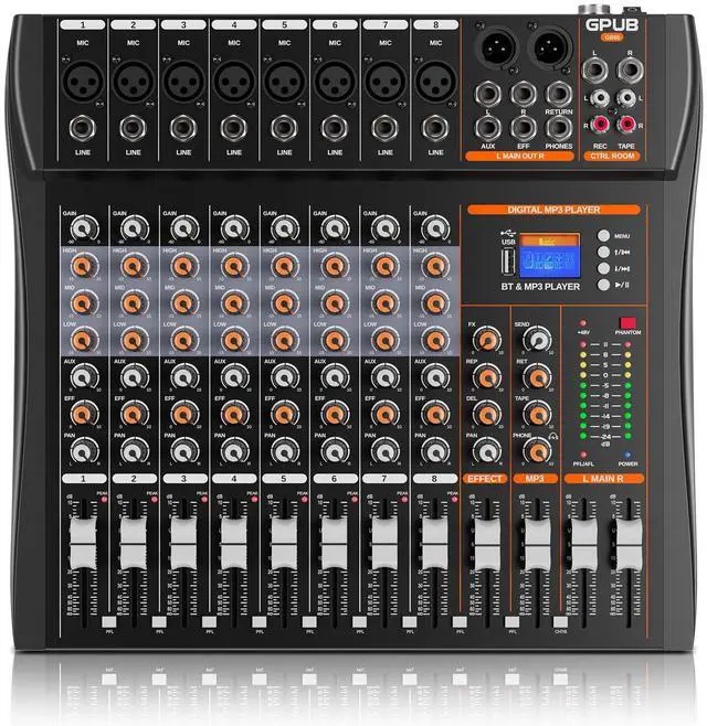 Main image of GP80 8 Channel Audio Mixer, Bluetooth 5.0 and USB Input, 24 Bit Dsp | 24 Bit Dsp Effects, Bluetooth 5.0 & USB Input, +48V Phantom Power, 3 Band EQ, PFL Monitor, Streaming, Podcast, Studio, Church