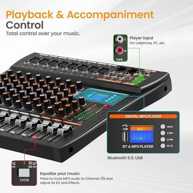 Alt view image 4 of 7 - GP80 8 Channel Audio Mixer, Bluetooth 5.0 and USB Input, 24 Bit Dsp | 24 Bit Dsp Effects, Bluetooth 5.0 & USB Input, +48V Phantom Power, 3 Band EQ, PFL Monitor, Streaming, Podcast, Studio, Church