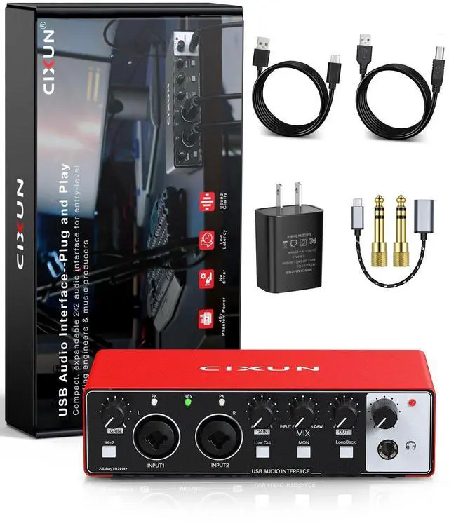 Main image of 2x2 USB-C Audio Interface for PC/Mac Recording, 24-bit/192kHz, Dual TS/XLR Inputs, +48V Phantom Power, Studio/Podcast/Streaming(Matte Red)