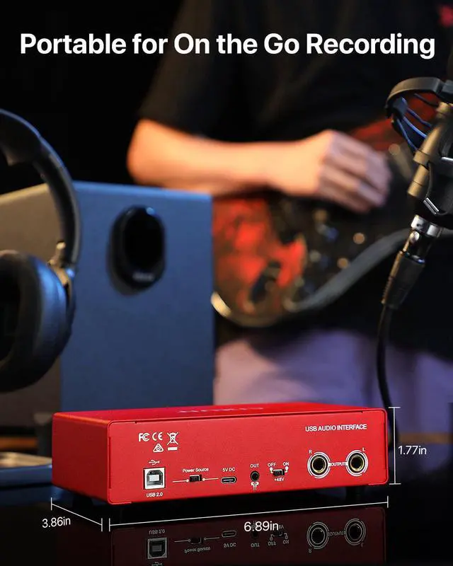 Alt view image 7 of 7 - 2x2 USB-C Audio Interface for PC/Mac Recording, 24-bit/192kHz, Dual TS/XLR Inputs, +48V Phantom Power, Studio/Podcast/Streaming(Matte Red)