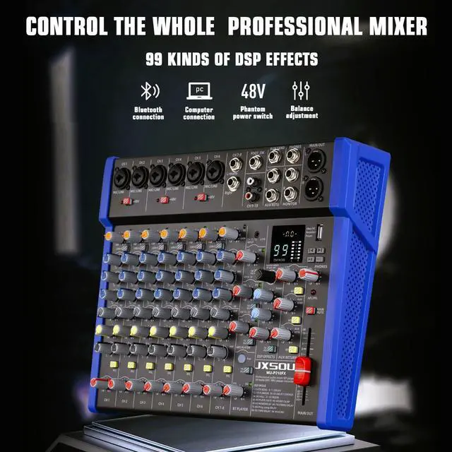 Alt view image 2 of 7 - 12-Channel Audio Interface Mixer Board with Reverb Effect | Bluetooth studio mixing console with XLR mic jack, 99 DSP effects, and +48V phantom power for karaoke, streaming