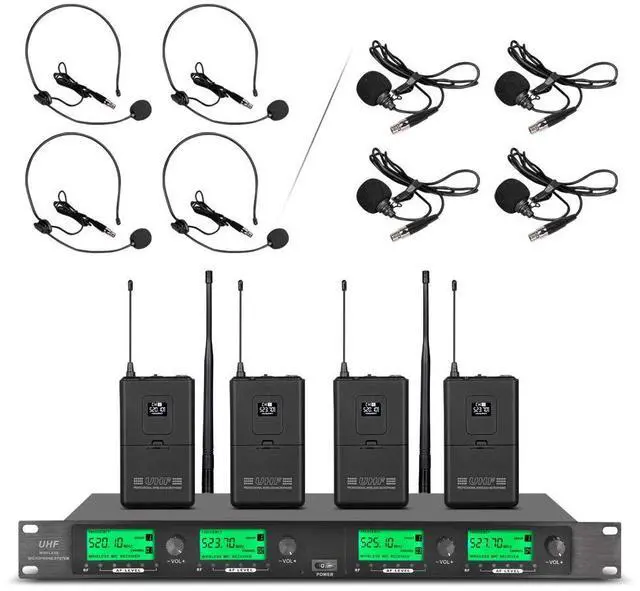 Main image of Wireless Microphone System Pro UHF 4 Channel 4 Lavalier Bodypacks 4 Lapel Mic 4 Headsets for Karaoke System Church Speaking Conference Wedding Party