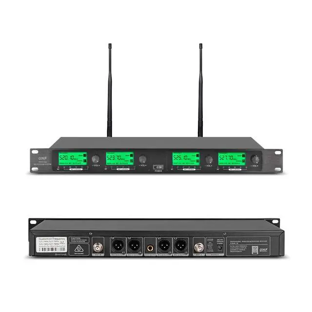 Alt view image 2 of 7 - Wireless Microphone System Pro UHF 4 Channel 4 Lavalier Bodypacks 4 Lapel Mic 4 Headsets for Karaoke System Church Speaking Conference Wedding Party
