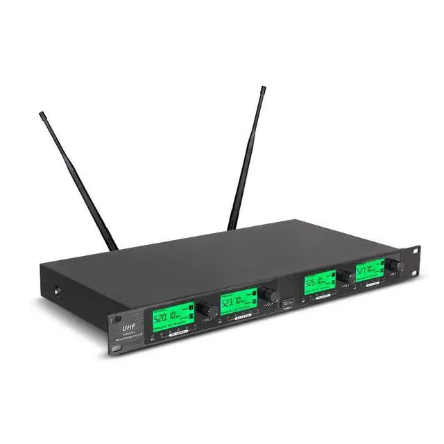 Alt view image 3 of 7 - Wireless Microphone System Pro UHF 4 Channel 4 Lavalier Bodypacks 4 Lapel Mic 4 Headsets for Karaoke System Church Speaking Conference Wedding Party