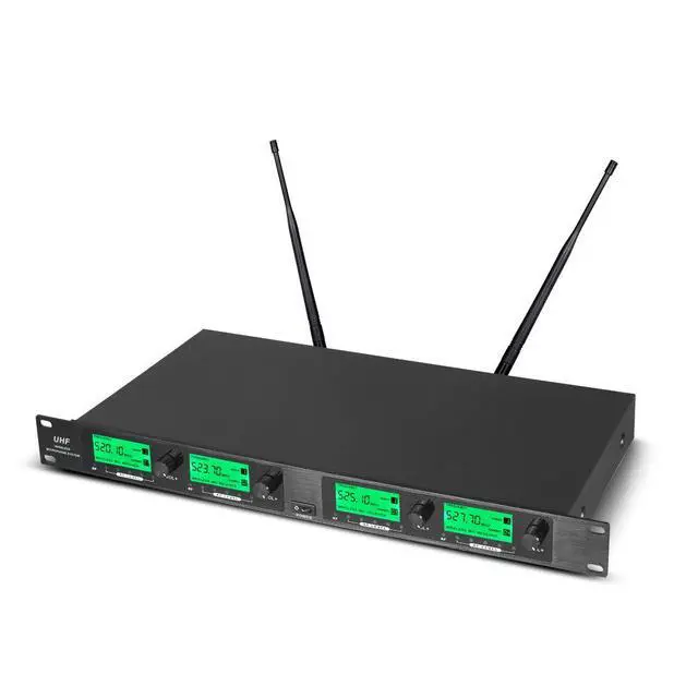Alt view image 4 of 7 - Wireless Microphone System Pro UHF 4 Channel 4 Lavalier Bodypacks 4 Lapel Mic 4 Headsets for Karaoke System Church Speaking Conference Wedding Party