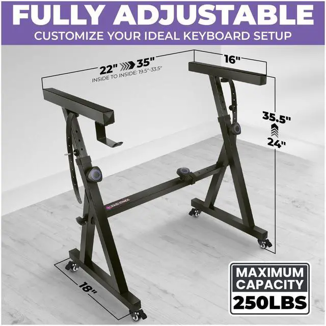 Alt view image 3 of 6 - Dual Piano Keyboard Stand w/ Wheels and 2nd Tier - Rolling Z Style Adjustable, Portable 2 Tier Heavy Duty Music Stand for Synths and Electric Digital Keyboards - Fits 54 61 88 Key Pianos