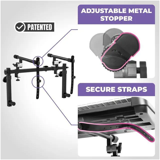 Alt view image 4 of 6 - Dual Piano Keyboard Stand w/ Wheels and 2nd Tier - Rolling Z Style Adjustable, Portable 2 Tier Heavy Duty Music Stand for Synths and Electric Digital Keyboards - Fits 54 61 88 Key Pianos