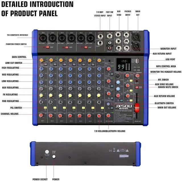 Alt view image 7 of 7 - 12-Channel Audio Interface Mixer Board with Reverb Effect | Bluetooth studio mixing console with XLR mic jack, 99 DSP effects, and +48V phantom power for karaoke, streaming