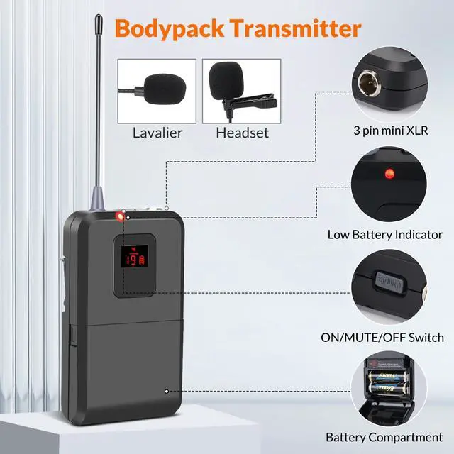 Alt view image 5 of 6 - 200-Channel Wireless Lavalier Microphone, Dual UHF Bodypack Cordless Lavalier Mic System Set, Auto Scan, Long Range 200-240Ft, 16 Hours Use Ideal for Speaking, Classroom 2023 333B