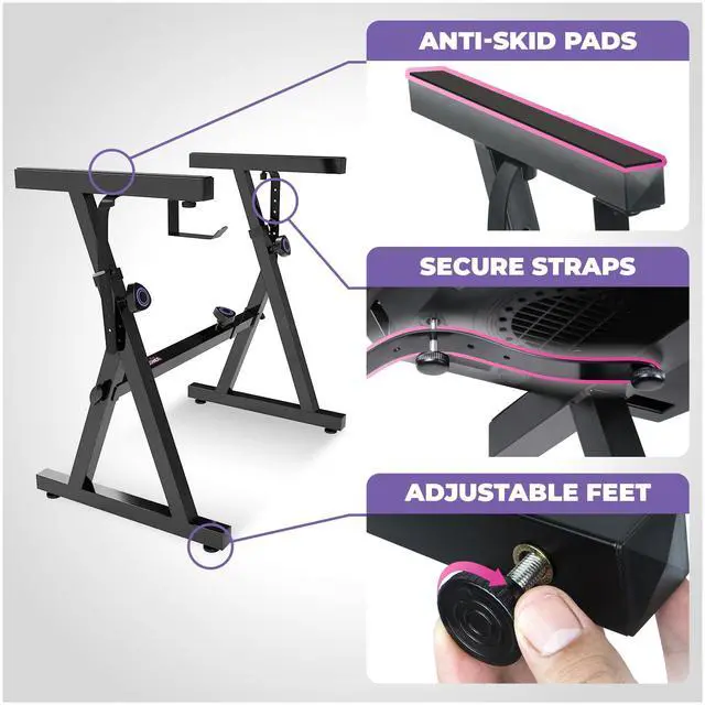 Alt view image 5 of 6 - Dual Piano Keyboard Stand w/ Wheels and 2nd Tier - Rolling Z Style Adjustable, Portable 2 Tier Heavy Duty Music Stand for Synths and Electric Digital Keyboards - Fits 54 61 88 Key Pianos