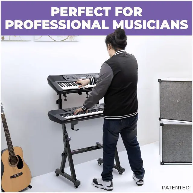 Alt view image 6 of 6 - Dual Piano Keyboard Stand w/ Wheels and 2nd Tier - Rolling Z Style Adjustable, Portable 2 Tier Heavy Duty Music Stand for Synths and Electric Digital Keyboards - Fits 54 61 88 Key Pianos
