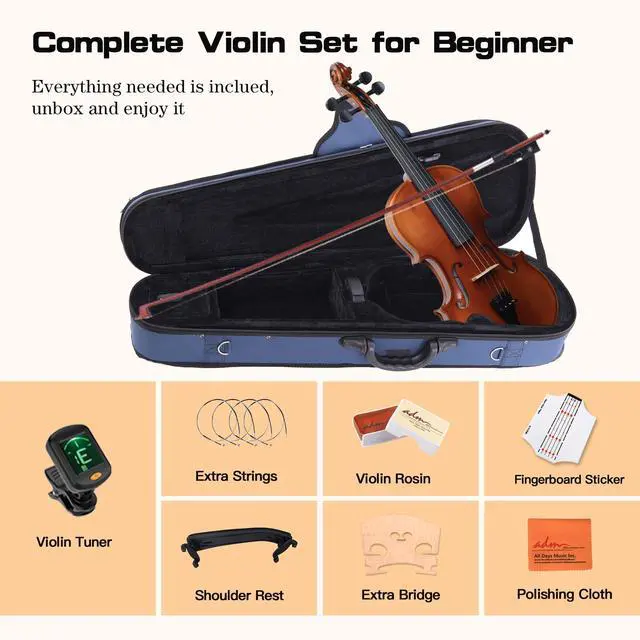 Alt view image 2 of 7 - 1/2 Size Wood Violin Set for Kids Teens Students Adults Beginner Acoustic Violin Matte Fiddle Starter Kit with Hard Case, Rosin, Shoulder Rest, Bow, Clip-on Tuner and Fingerboard Sticker