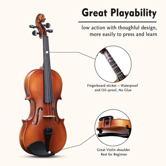 Alt view image 3 of 7 - 1/2 Size Wood Violin Set for Kids Teens Students Adults Beginner Acoustic Violin Matte Fiddle Starter Kit with Hard Case, Rosin, Shoulder Rest, Bow, Clip-on Tuner and Fingerboard Sticker