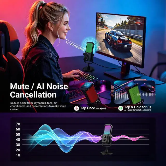 Alt view image 2 of 7 - UM01 AI Noise Canceling USB Microphone, Plug & Play Cardioid RGB Condenser Mic Mute/Music Sync/App Control for Android Windows PC Mac PS4/5 Gaming Recording Streaming Podcasting Studio Computer
