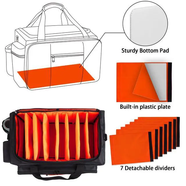 Alt view image 3 of 7 - Large Rolling DJ Bag Built-in Sturdy Support Board, Gig bag with Wheels, DJ cable bag with Detachable Divider & Padded Shoulder Strap (Orange, 19.7''×10.2''×11'')