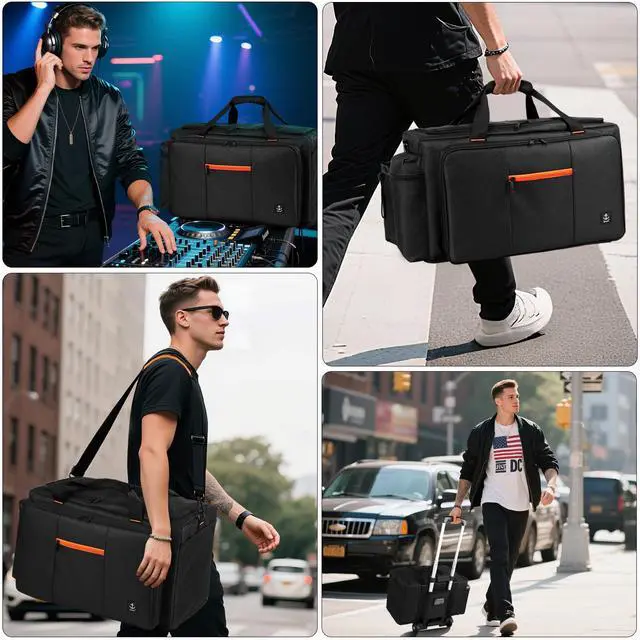 Alt view image 4 of 7 - Large Rolling DJ Bag Built-in Sturdy Support Board, Gig bag with Wheels, DJ cable bag with Detachable Divider & Padded Shoulder Strap (Orange, 19.7''×10.2''×11'')