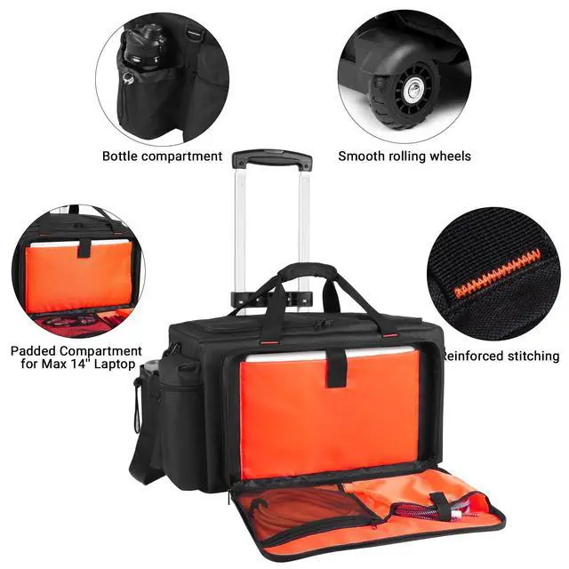 Alt view image 5 of 7 - Large Rolling DJ Bag Built-in Sturdy Support Board, Gig bag with Wheels, DJ cable bag with Detachable Divider & Padded Shoulder Strap (Orange, 19.7''×10.2''×11'')