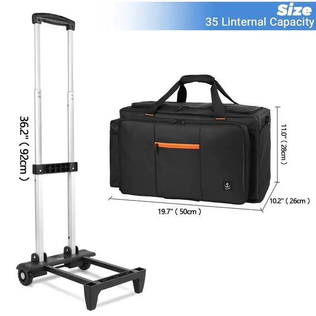Alt view image 6 of 7 - Large Rolling DJ Bag Built-in Sturdy Support Board, Gig bag with Wheels, DJ cable bag with Detachable Divider & Padded Shoulder Strap (Orange, 19.7''×10.2''×11'')