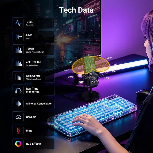 Alt view image 3 of 7 - UM01 AI Noise Canceling USB Microphone, Plug & Play Cardioid RGB Condenser Mic Mute/Music Sync/App Control for Android Windows PC Mac PS4/5 Gaming Recording Streaming Podcasting Studio Computer