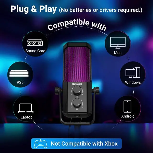 Alt view image 6 of 7 - UM01 AI Noise Canceling USB Microphone, Plug & Play Cardioid RGB Condenser Mic Mute/Music Sync/App Control for Android Windows PC Mac PS4/5 Gaming Recording Streaming Podcasting Studio Computer