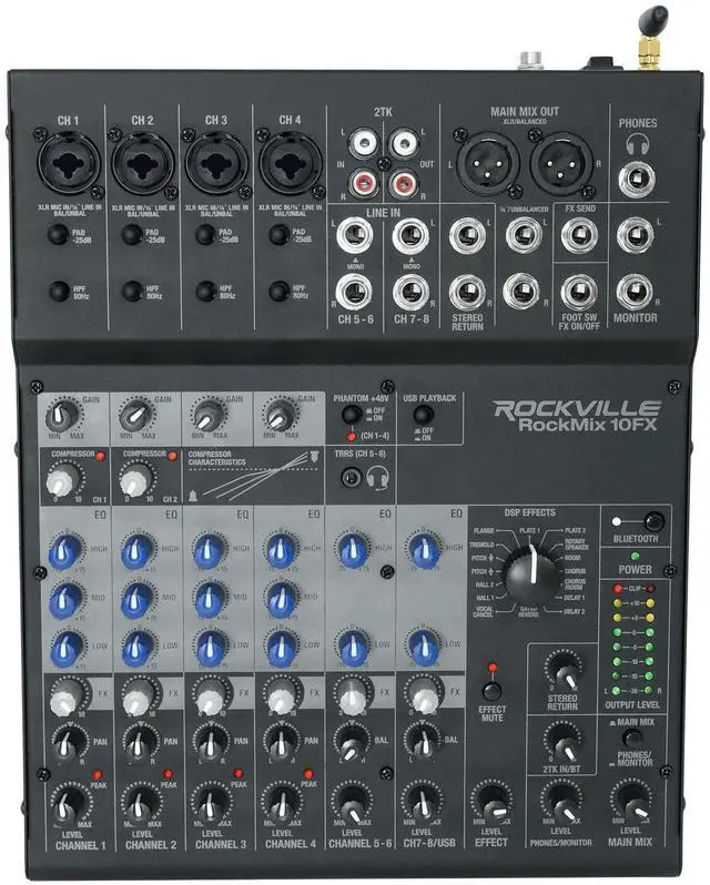 Main image of ROCKMIX 10FX 10 Channel USB Interface Mixer with 2-Way Bluetooth | 16 DSP Effects, 48V Phantom Power, Compressor, 3-Band EQ, Bluetooth 5.0, XLR Outputs, Steel Construction, Vocal Canceler