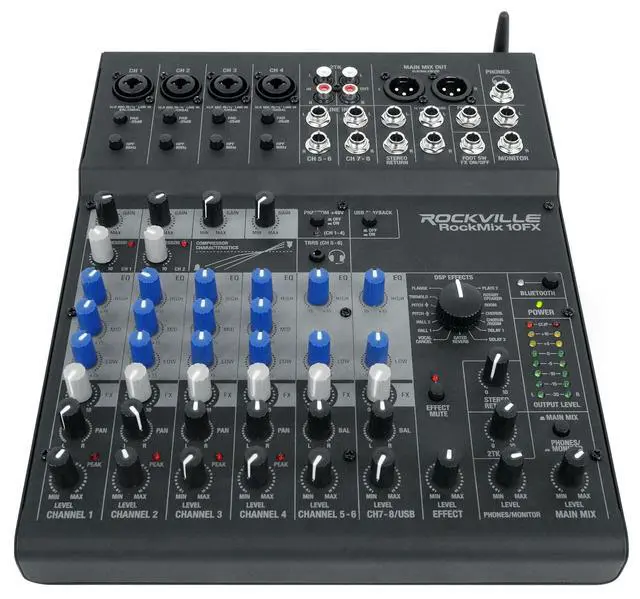 Alt view image 2 of 6 - ROCKMIX 10FX 10 Channel USB Interface Mixer with 2-Way Bluetooth | 16 DSP Effects, 48V Phantom Power, Compressor, 3-Band EQ, Bluetooth 5.0, XLR Outputs, Steel Construction, Vocal Canceler