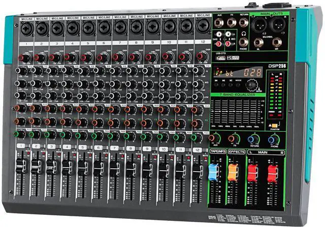 Main image of PA12 Professional Audio Mixer Sound Board Console Desk System Interface 12 Channel Digital USB Bluetooth MP3 Computer Input 48V Phantom Power Built-in 256 Reverb Effect, Black