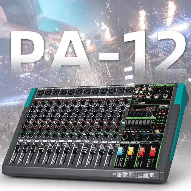 Alt view image 2 of 7 - PA12 Professional Audio Mixer Sound Board Console Desk System Interface 12 Channel Digital USB Bluetooth MP3 Computer Input 48V Phantom Power Built-in 256 Reverb Effect, Black