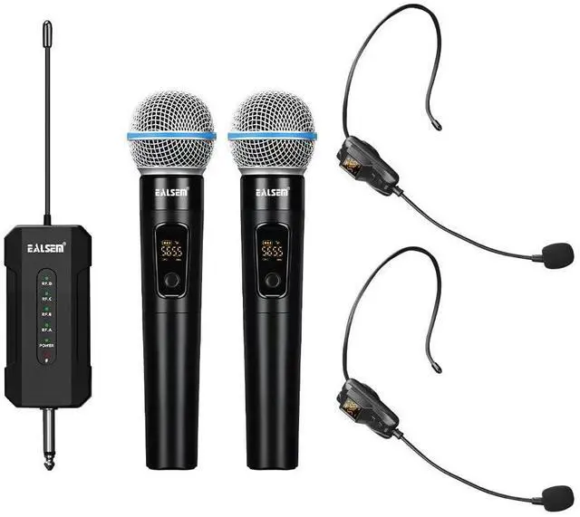 Main image of ES-384 4-Channel UHF Wireless Microphone System for Church, Karaoke, Stage and Events, 2 Handheld Mics and 2 Headset Mics with 6.35mm Plug-in Rechargeable Receiver, 164ft Range