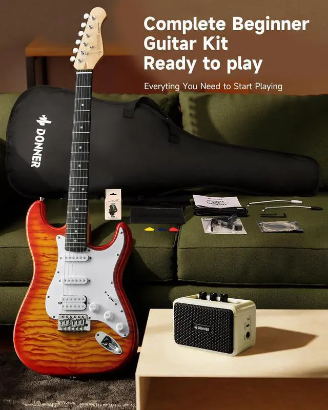Alt view image 7 of 7 - DST-90 Electric Guitar, 39" Full Size Beginner Electric Guitar Kit with Amp, HSS Pickup, Gig Bag, Tuner, Capo, Strap, Strings, Cable, Picks, Icetea Burst
