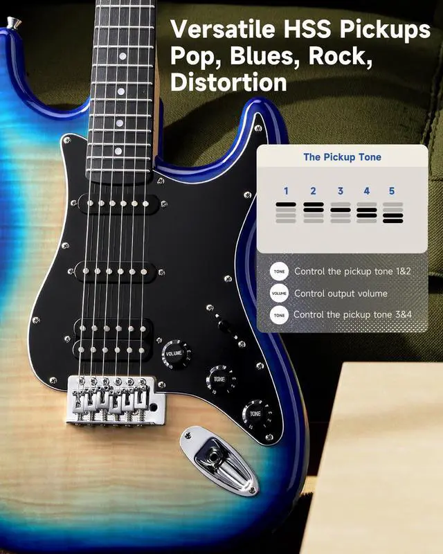Alt view image 2 of 7 - DST-90 Electric Guitar, 39" Full Size Beginner Electric Guitar Kit with Amp, HSS Pickup, Gig Bag, Tuner, Capo, Strap, Strings, Cable, Picks, Caribbean Burst