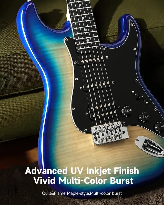 Alt view image 3 of 7 - DST-90 Electric Guitar, 39" Full Size Beginner Electric Guitar Kit with Amp, HSS Pickup, Gig Bag, Tuner, Capo, Strap, Strings, Cable, Picks, Caribbean Burst