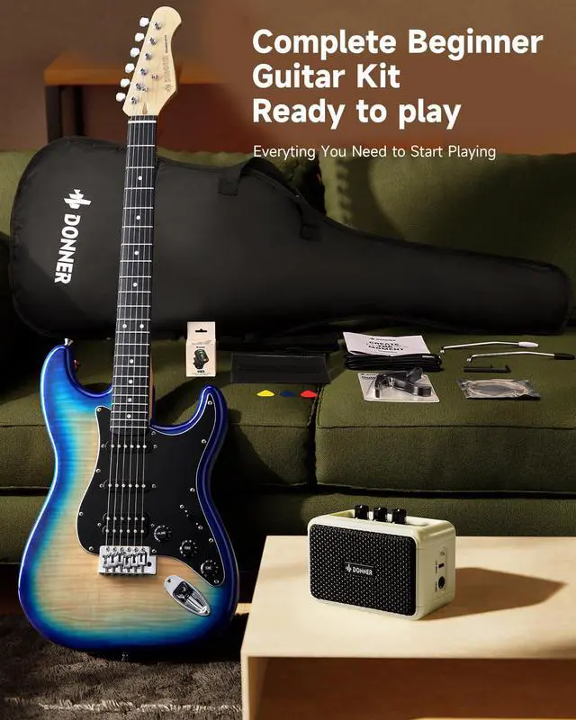 Alt view image 7 of 7 - DST-90 Electric Guitar, 39" Full Size Beginner Electric Guitar Kit with Amp, HSS Pickup, Gig Bag, Tuner, Capo, Strap, Strings, Cable, Picks, Caribbean Burst