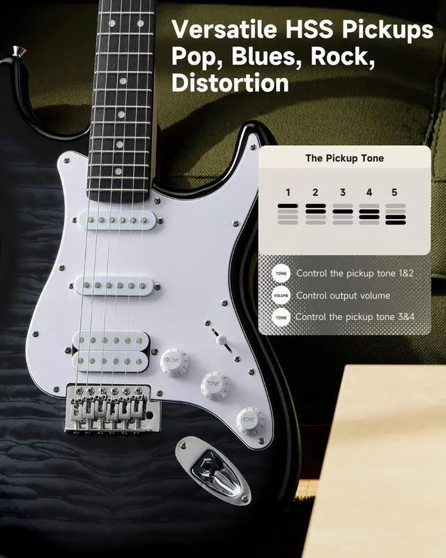 Alt view image 2 of 7 - DST-90 Electric Guitar, 39" Full Size Beginner Electric Guitar Kit with Amp, HSS Pickup, Gig Bag, Tuner, Capo, Strap, Strings, Cable, Picks, Black Burst