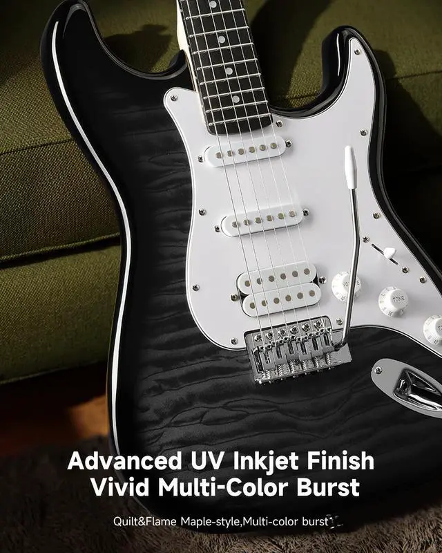 Alt view image 3 of 7 - DST-90 Electric Guitar, 39" Full Size Beginner Electric Guitar Kit with Amp, HSS Pickup, Gig Bag, Tuner, Capo, Strap, Strings, Cable, Picks, Black Burst