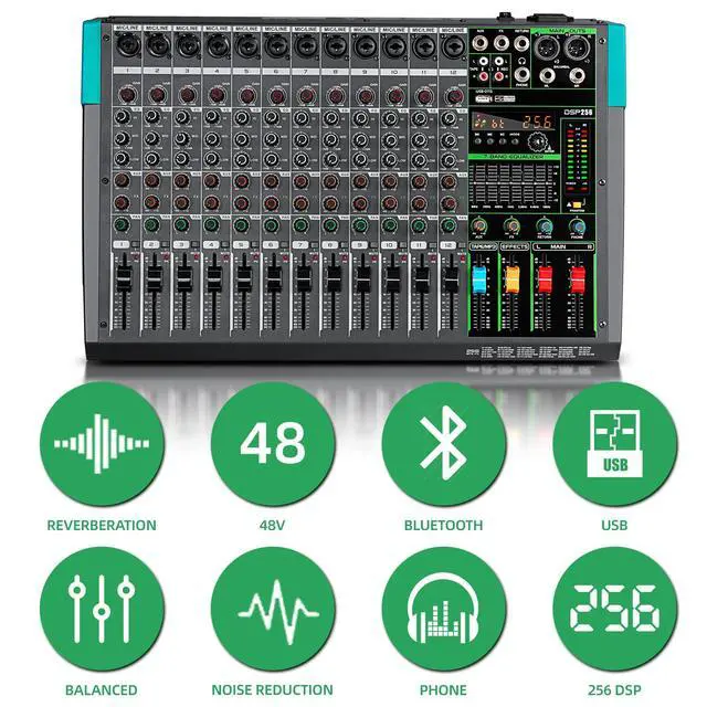 Alt view image 3 of 7 - PA12 Professional Audio Mixer Sound Board Console Desk System Interface 12 Channel Digital USB Bluetooth MP3 Computer Input 48V Phantom Power Built-in 256 Reverb Effect, Black