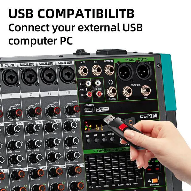 Alt view image 6 of 7 - PA12 Professional Audio Mixer Sound Board Console Desk System Interface 12 Channel Digital USB Bluetooth MP3 Computer Input 48V Phantom Power Built-in 256 Reverb Effect, Black