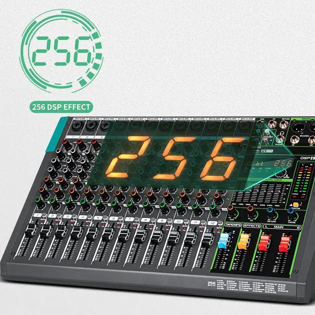 Alt view image 7 of 7 - PA12 Professional Audio Mixer Sound Board Console Desk System Interface 12 Channel Digital USB Bluetooth MP3 Computer Input 48V Phantom Power Built-in 256 Reverb Effect, Black