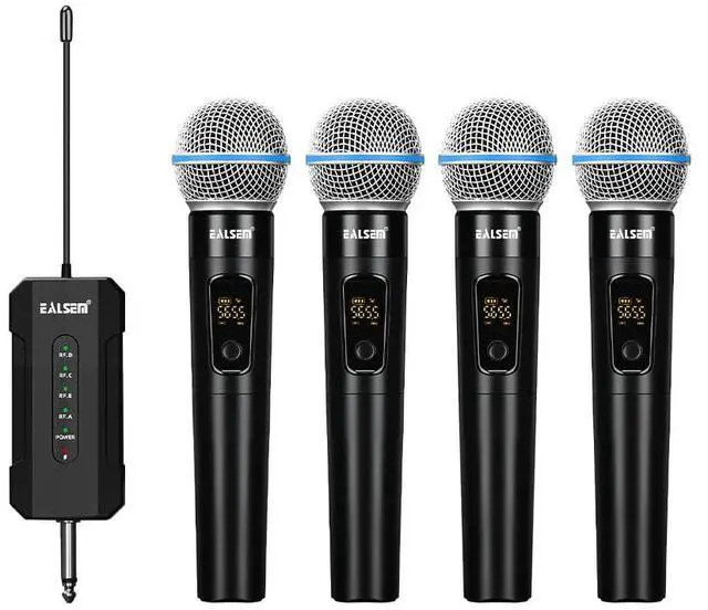 Main image of ES-384 4-Channel UHF Wireless Handheld Microphone System for Karaoke, Church, Stage, DJ and Parties, 4 Handheld Mics with 6.35mm Plug-in Rechargeable Receiver, 164ft Range