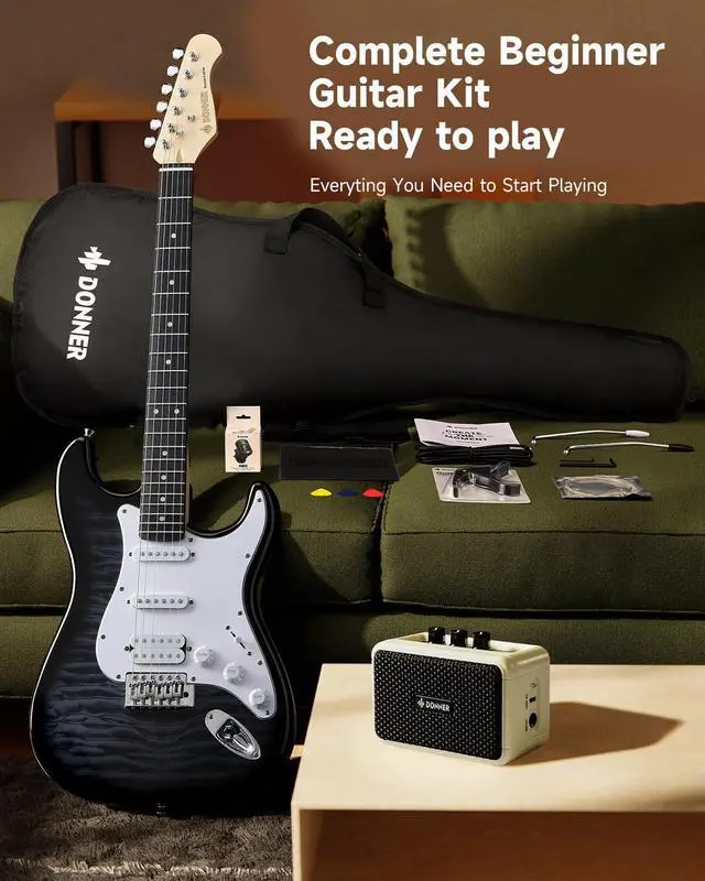 Alt view image 7 of 7 - DST-90 Electric Guitar, 39" Full Size Beginner Electric Guitar Kit with Amp, HSS Pickup, Gig Bag, Tuner, Capo, Strap, Strings, Cable, Picks, Black Burst