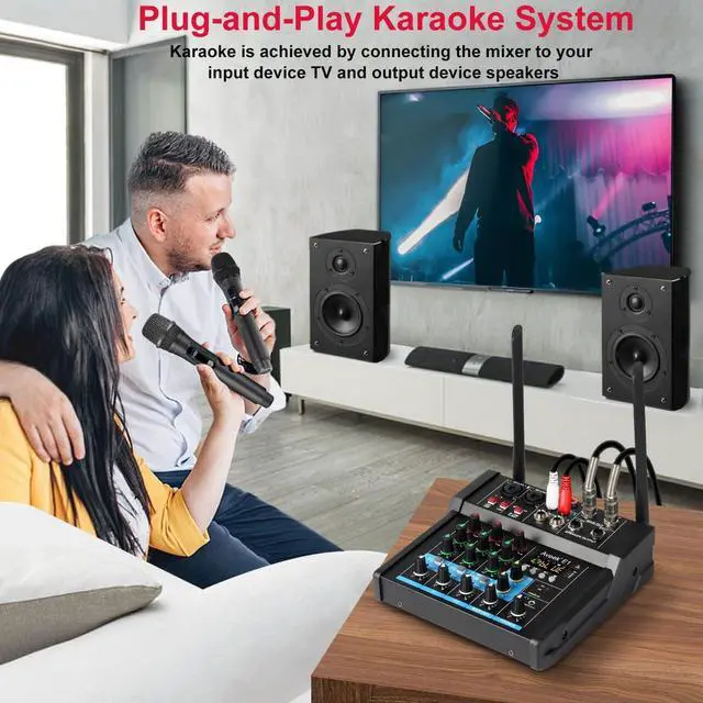 Alt view image 4 of 7 - 150W x2 Powered Amplifier Audio Mixer,4 Channel with Dual Wireless Mic Sound Board Console MP3 Digital USB Bluetooth Computer Input 48V Phantom Power Stereo DJ Mixing for Karaoke Party