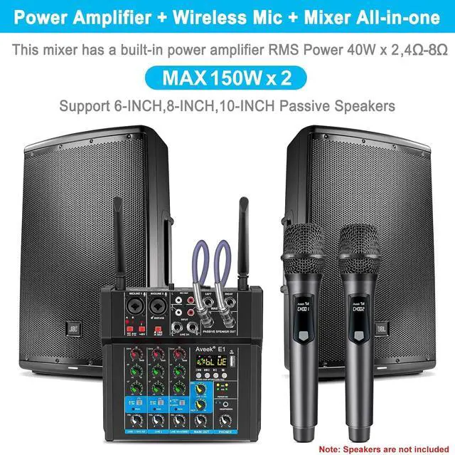 Alt view image 2 of 7 - 150W x2 Powered Amplifier Audio Mixer,4 Channel with Dual Wireless Mic Sound Board Console MP3 Digital USB Bluetooth Computer Input 48V Phantom Power Stereo DJ Mixing for Karaoke Party