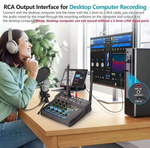 Alt view image 6 of 7 - 150W x2 Powered Amplifier Audio Mixer,4 Channel with Dual Wireless Mic Sound Board Console MP3 Digital USB Bluetooth Computer Input 48V Phantom Power Stereo DJ Mixing for Karaoke Party