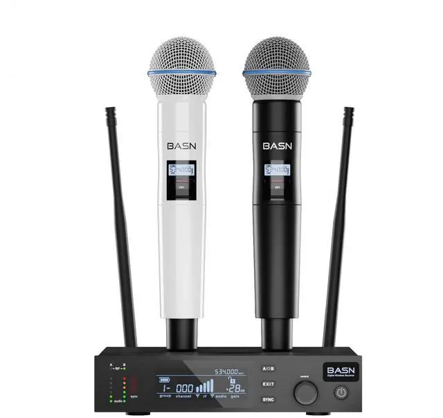 Main image of BASN UHF Dual Channel Handheld Wireless Microphone System (Black & White) | Metal Handheld Mics for Stage, Karaoke, Weddings, DJ, and Events