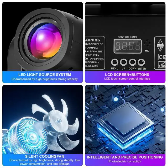 Alt view image 4 of 7 - 150W Moving Head DJ Lights, 18-Facet Prism DMX Stage Light 2Pack | 8 Gobos & 8 Colors, Silent Fan, 540° Pan 180° Tilt, Sound Active Auto Mode DJ Stage Lighting for Parties Weddings Church